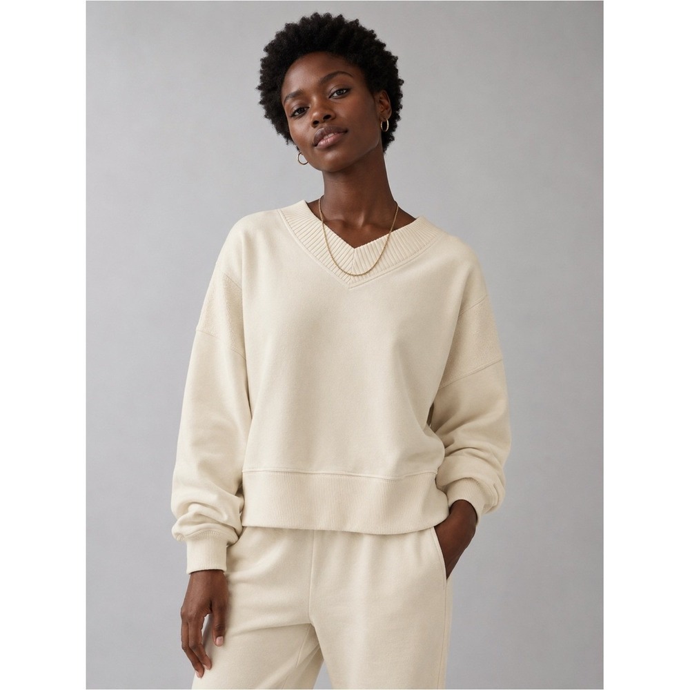 Aerie Sweatshirt Fleece V-Neck Textured Panel XL Cream Pullover